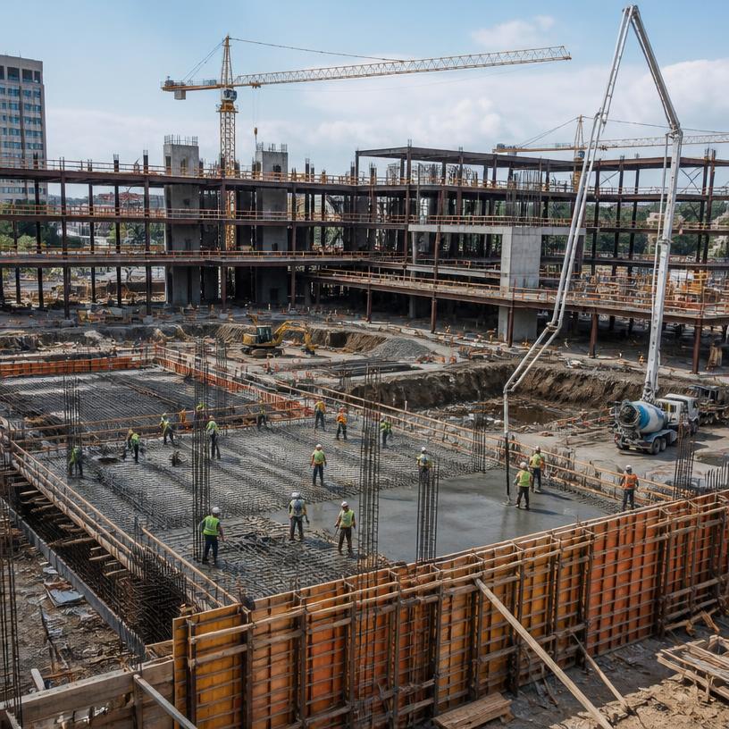Wide overview of a commercial building under construction