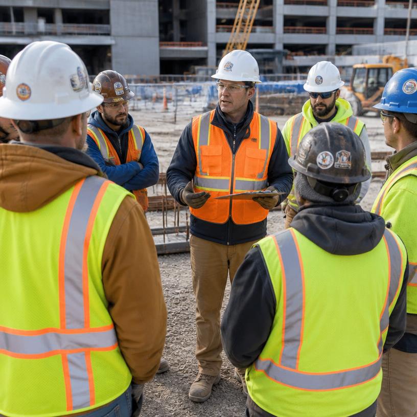 Crew during a jobsite safety coordination meeting