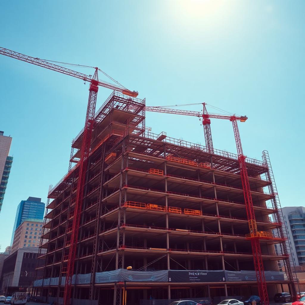 Wide overview of the Meridian Tower Ph. 2 jobsite with tower cranes