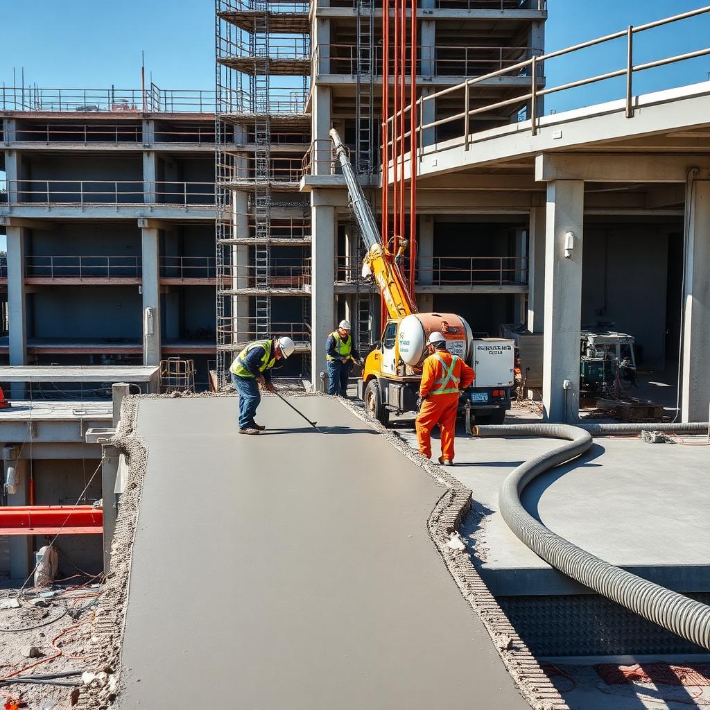Crew placing and screeding concrete on an elevated deck