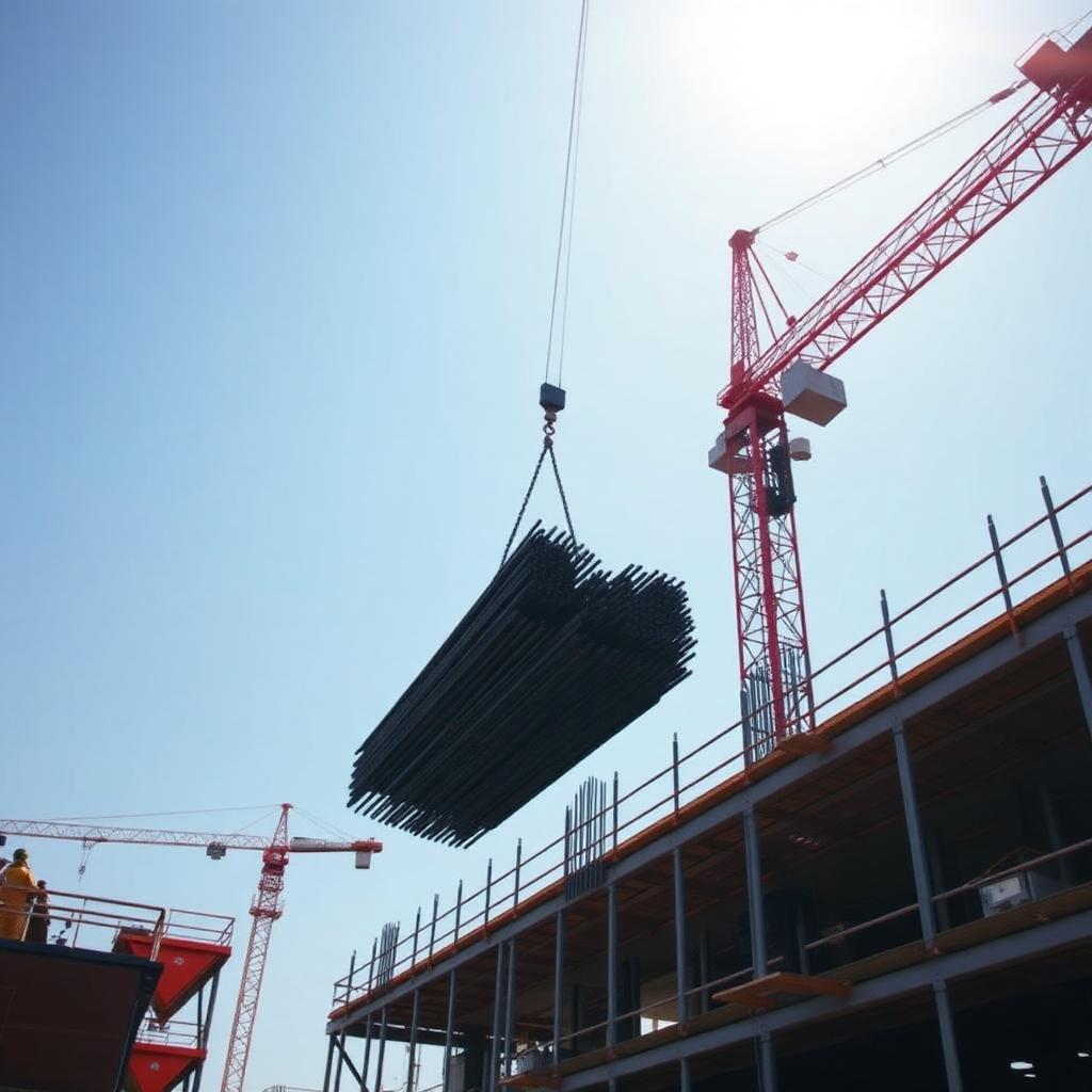Tower crane lifting a bundle of rebar to an upper level