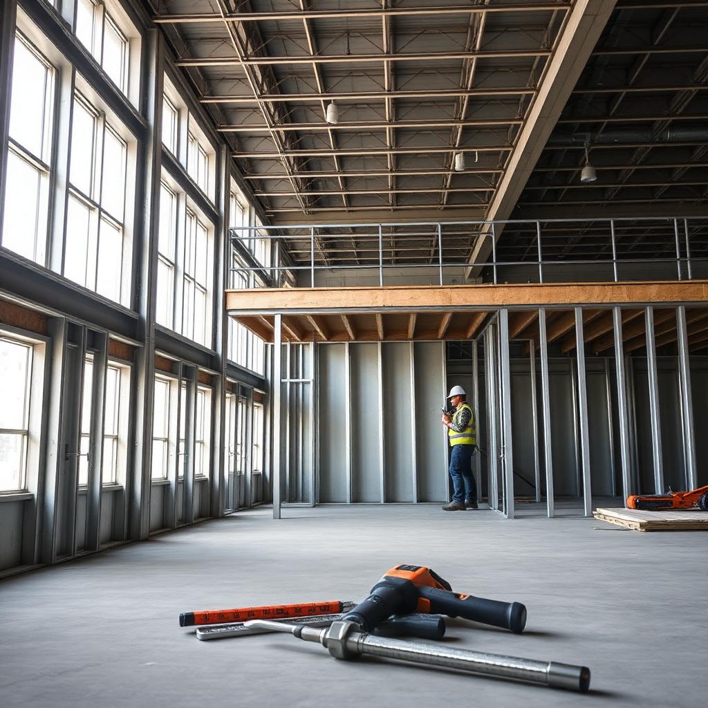 Interior metal stud framing on an upper floor